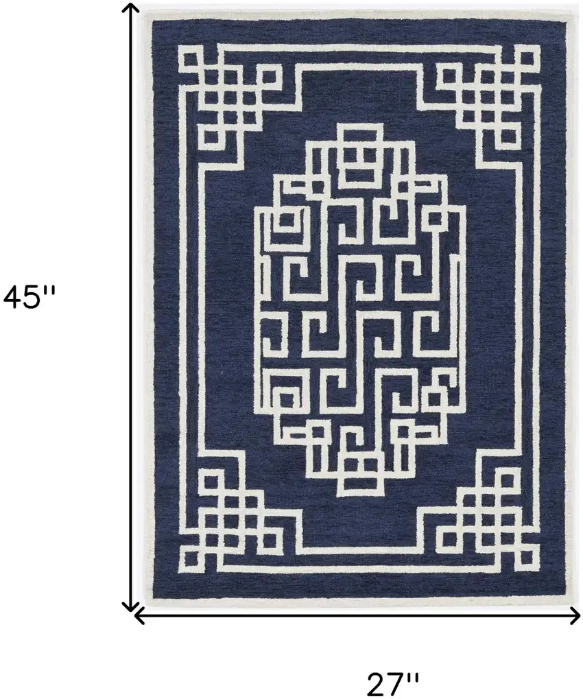 2'X4' Navy Blue Ivory Hand Tufted Greek Key Medallion Indoor Accent Rug Photo 8
