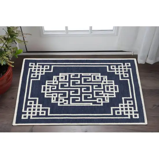 Navy Blue And Ivory Wool Geometric Hand Tufted Area Rug Photo 1