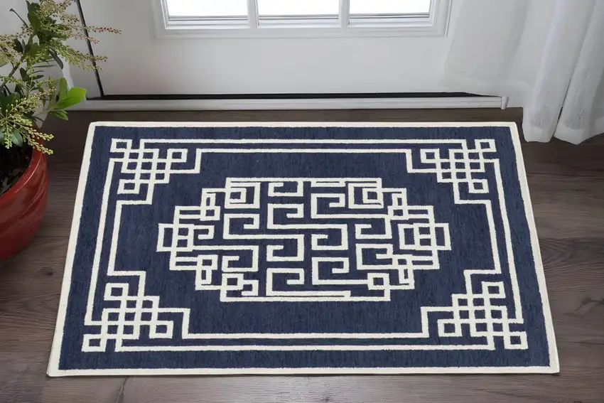 Navy Blue And Ivory Wool Geometric Hand Tufted Area Rug Photo 1