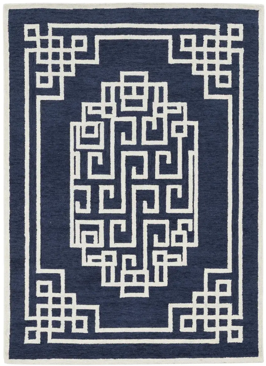 Navy Blue And Ivory Wool Geometric Hand Tufted Area Rug Photo 1