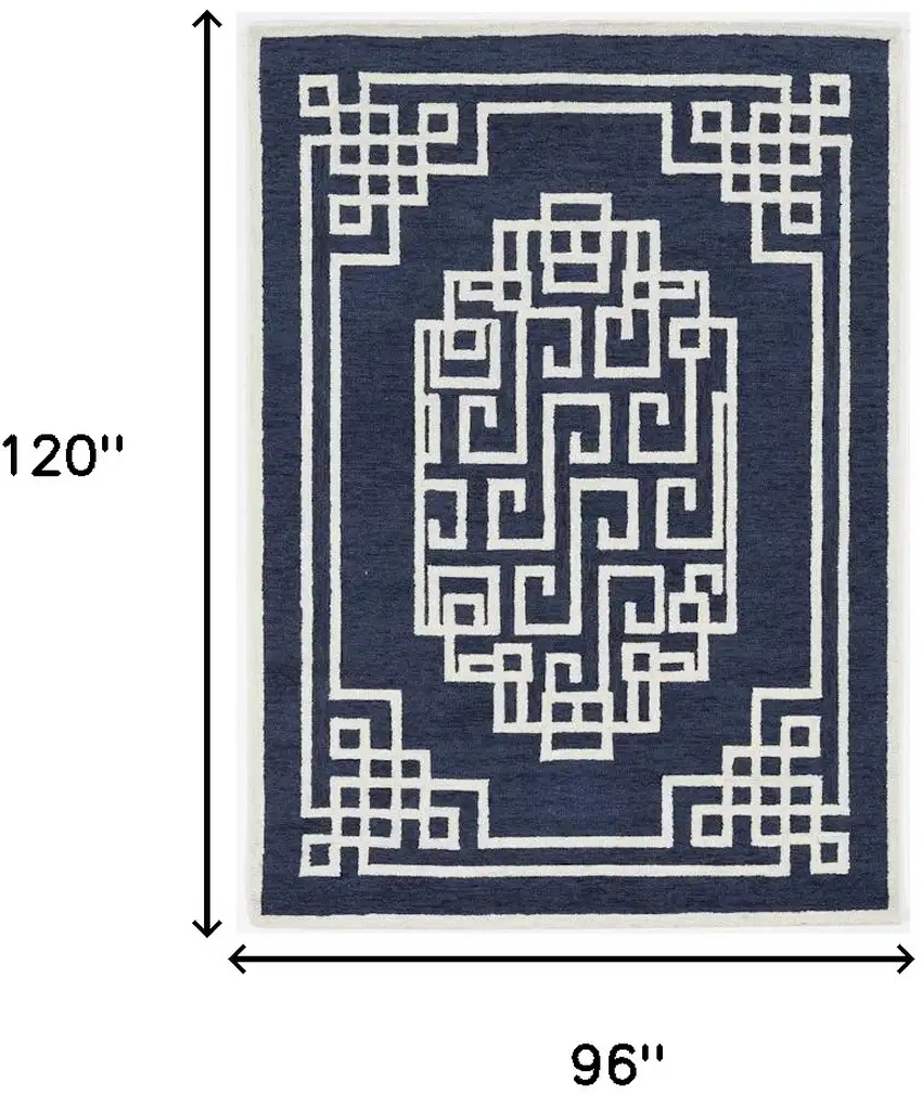 Navy Blue Ivory Hand Tufted Greek Key Medallion Indoor Area Rug Photo 3
