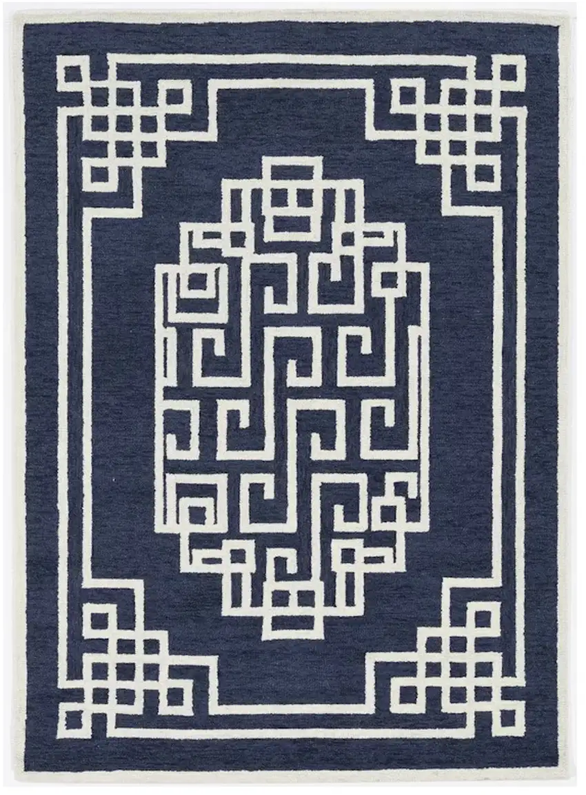 Navy Blue Ivory Hand Tufted Greek Key Medallion Indoor Area Rug Photo 2