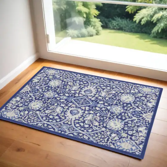 Navy Blue Ivory and Beige Floral Area Rug Photo 3