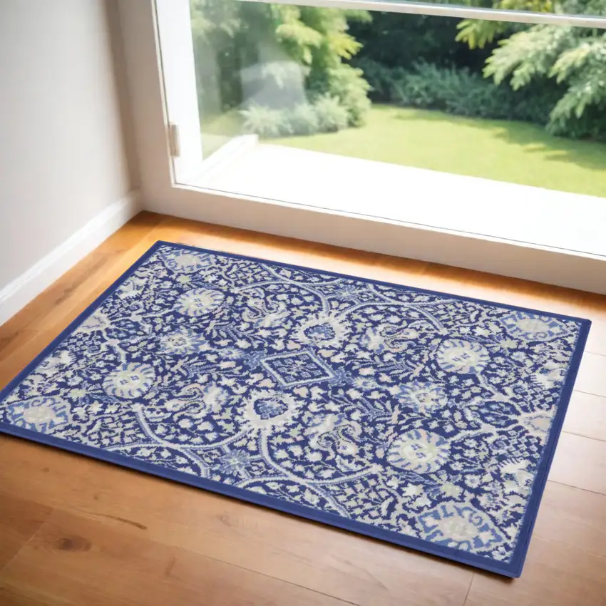 Navy Blue Ivory and Beige Floral Area Rug Photo 3