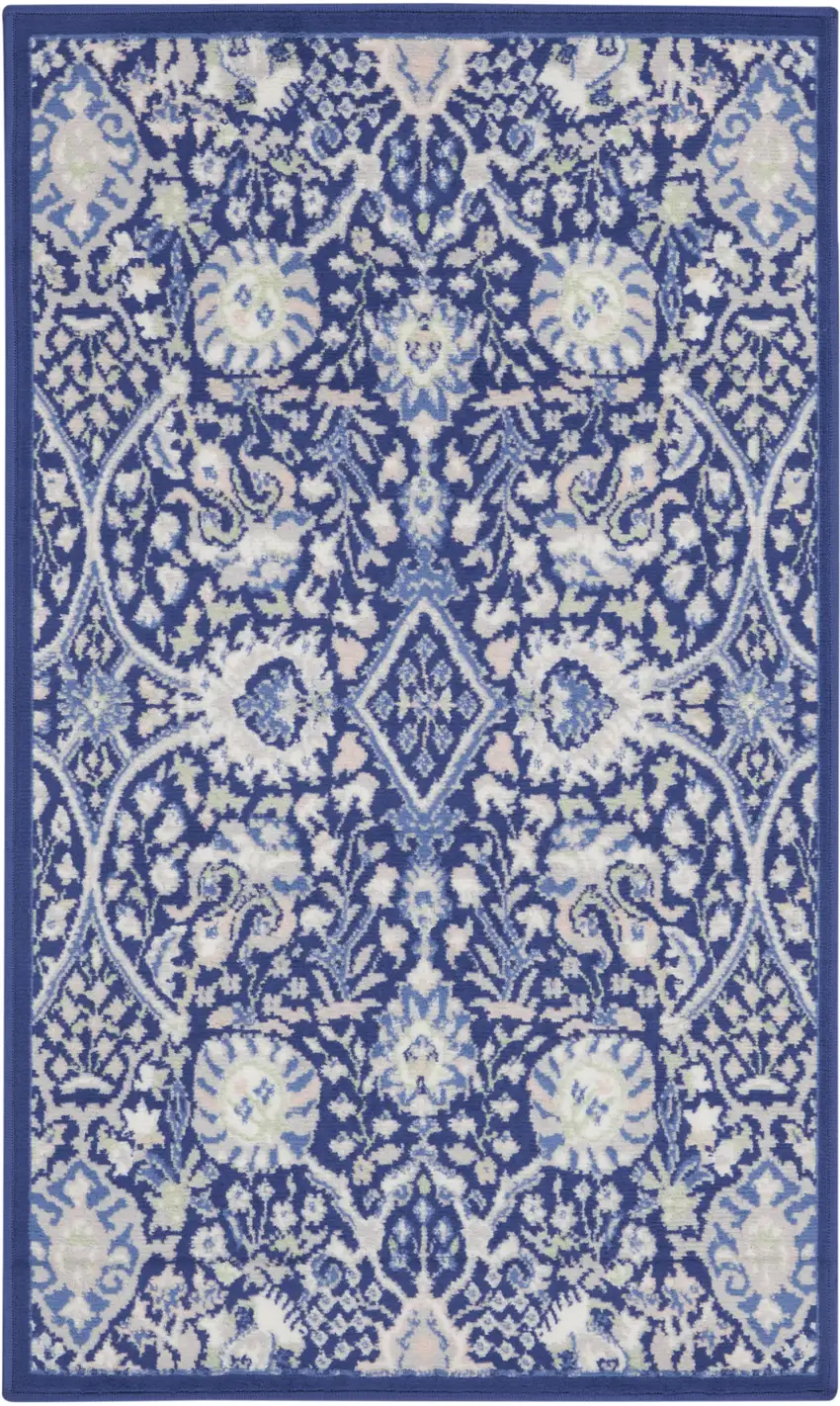 Navy Blue Ivory and Beige Floral Area Rug Photo 2