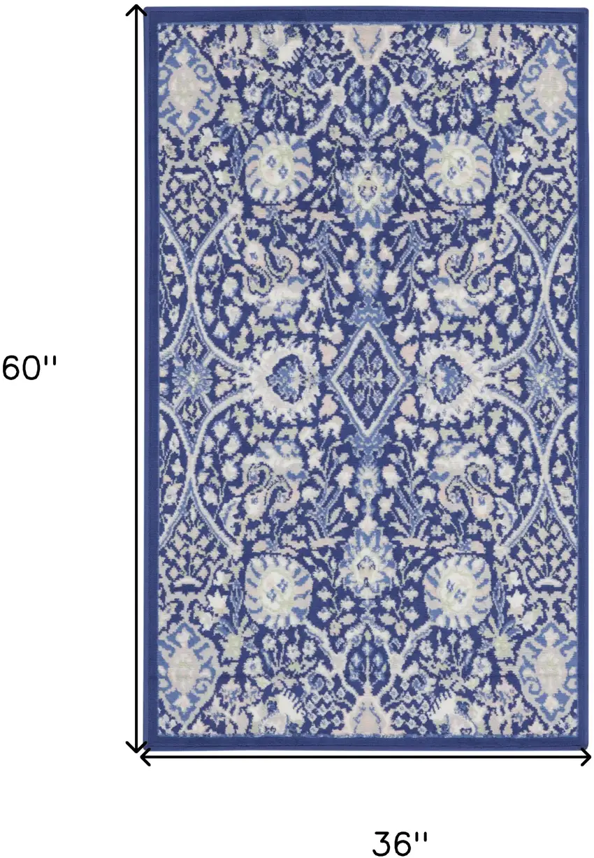 Navy Blue Ivory and Beige Floral Area Rug Photo 3