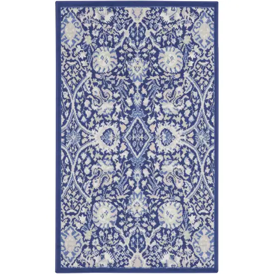 Navy Blue Ivory and Beige Floral Area Rug Photo 1