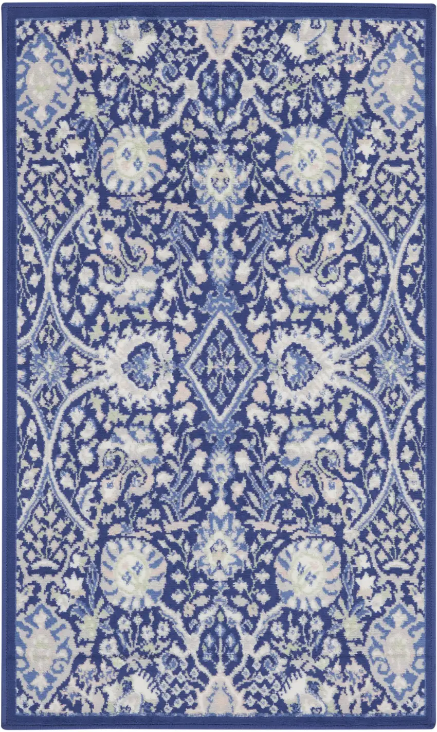 Navy Blue Ivory and Beige Floral Area Rug Photo 1