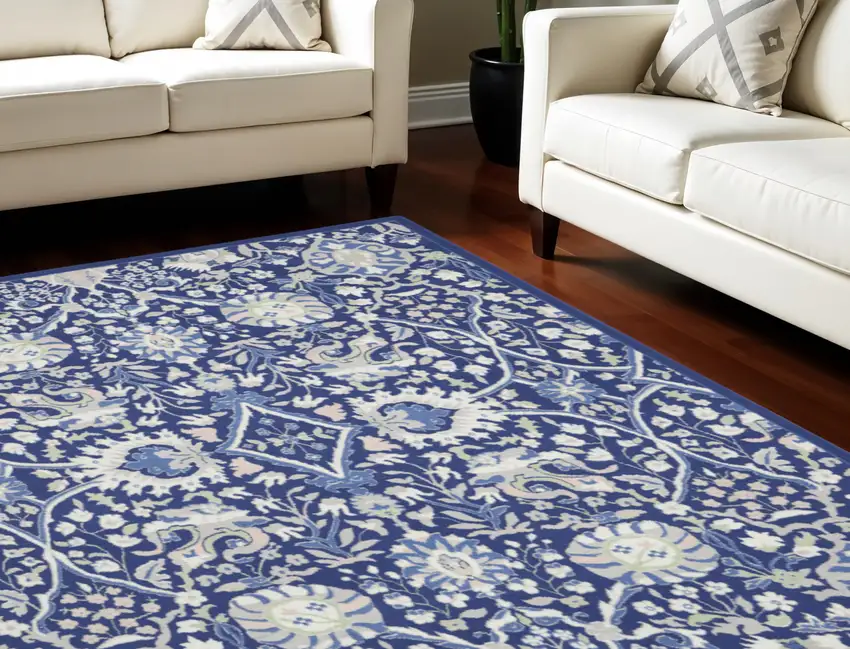 Navy Blue Ivory and Beige Floral Distressed Non Skid Area Rug Photo 1
