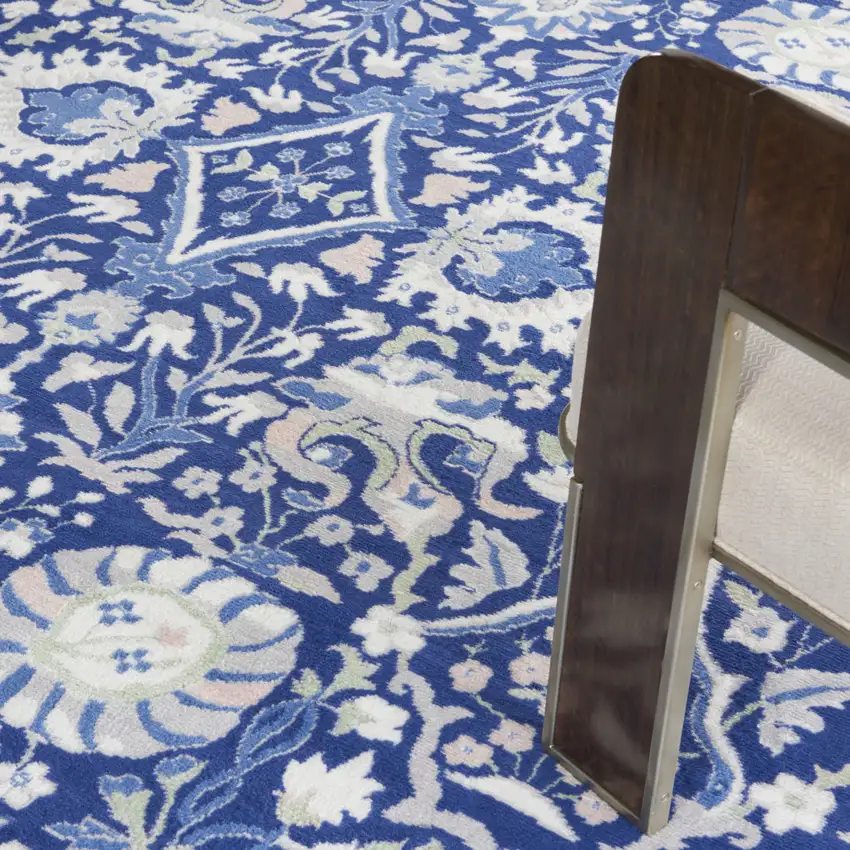 Navy Blue Ivory and Beige Floral Distressed Non Skid Area Rug Photo 9