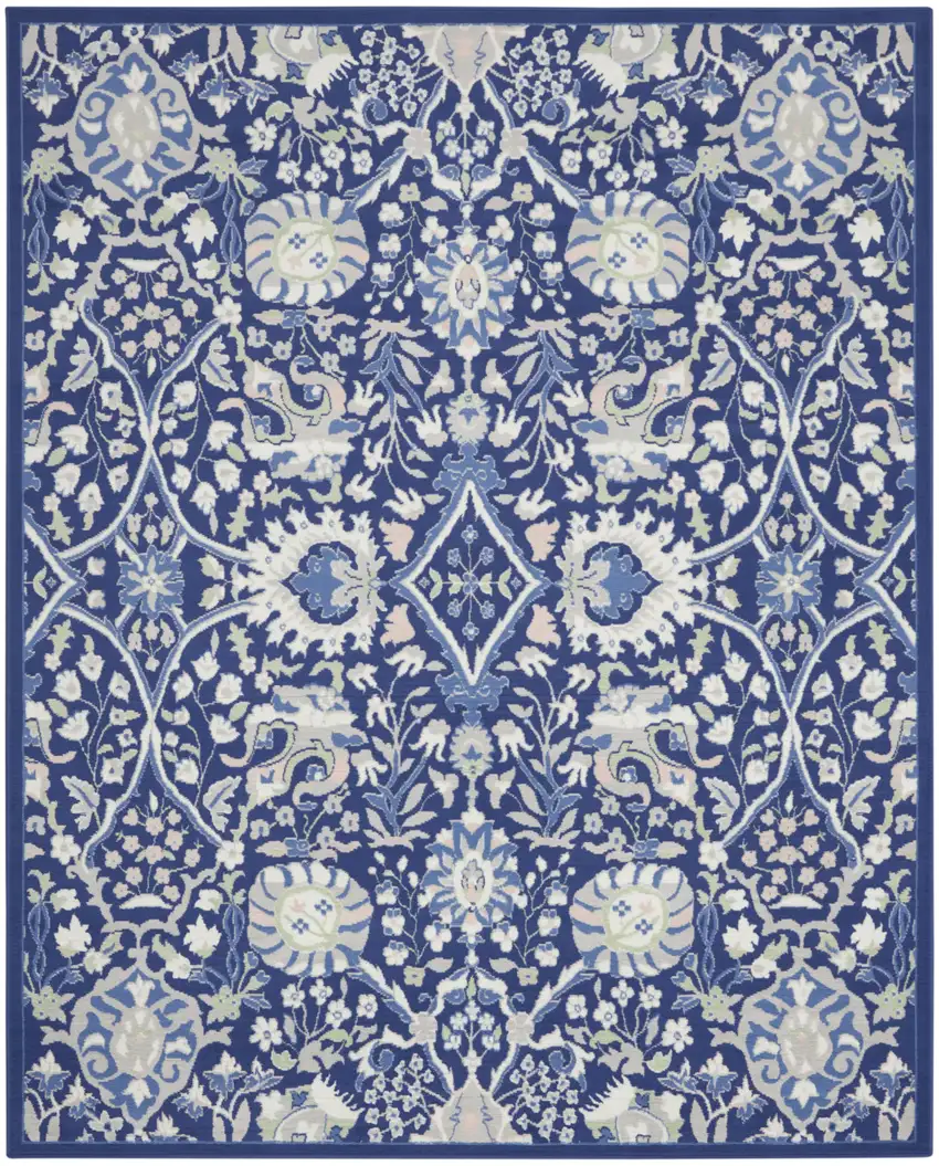 Navy Blue Ivory and Beige Floral Distressed Non Skid Area Rug Photo 2
