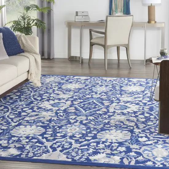 Navy Blue Ivory and Beige Floral Distressed Non Skid Area Rug Photo 5