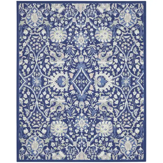 Navy Blue Ivory and Beige Floral Distressed Non Skid Area Rug Photo 9