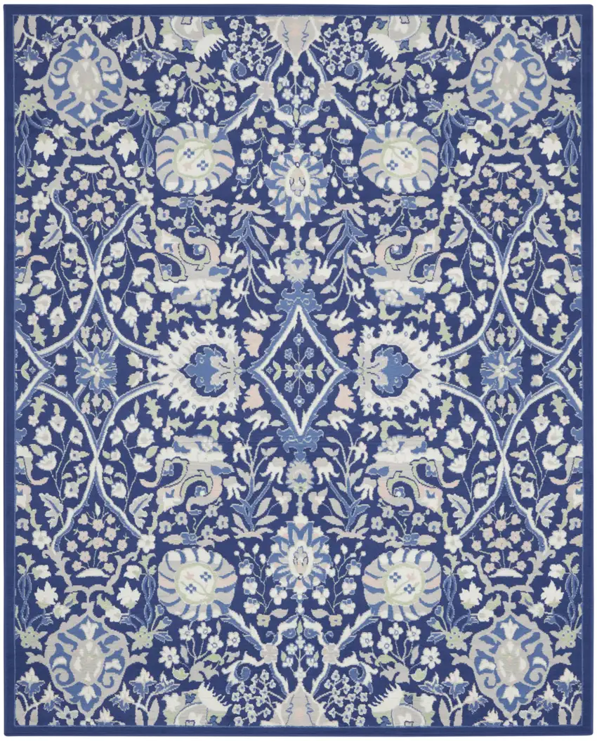 Navy Blue Ivory and Beige Floral Distressed Non Skid Area Rug Photo 9