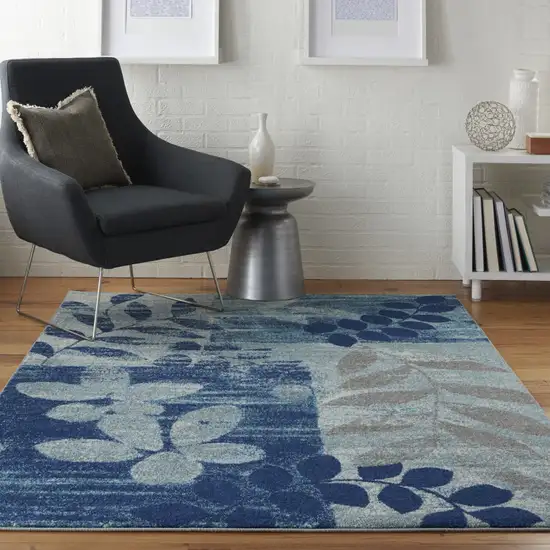Navy Blue Light Blue and Gray Botanical Leaves Area Rug Photo 4