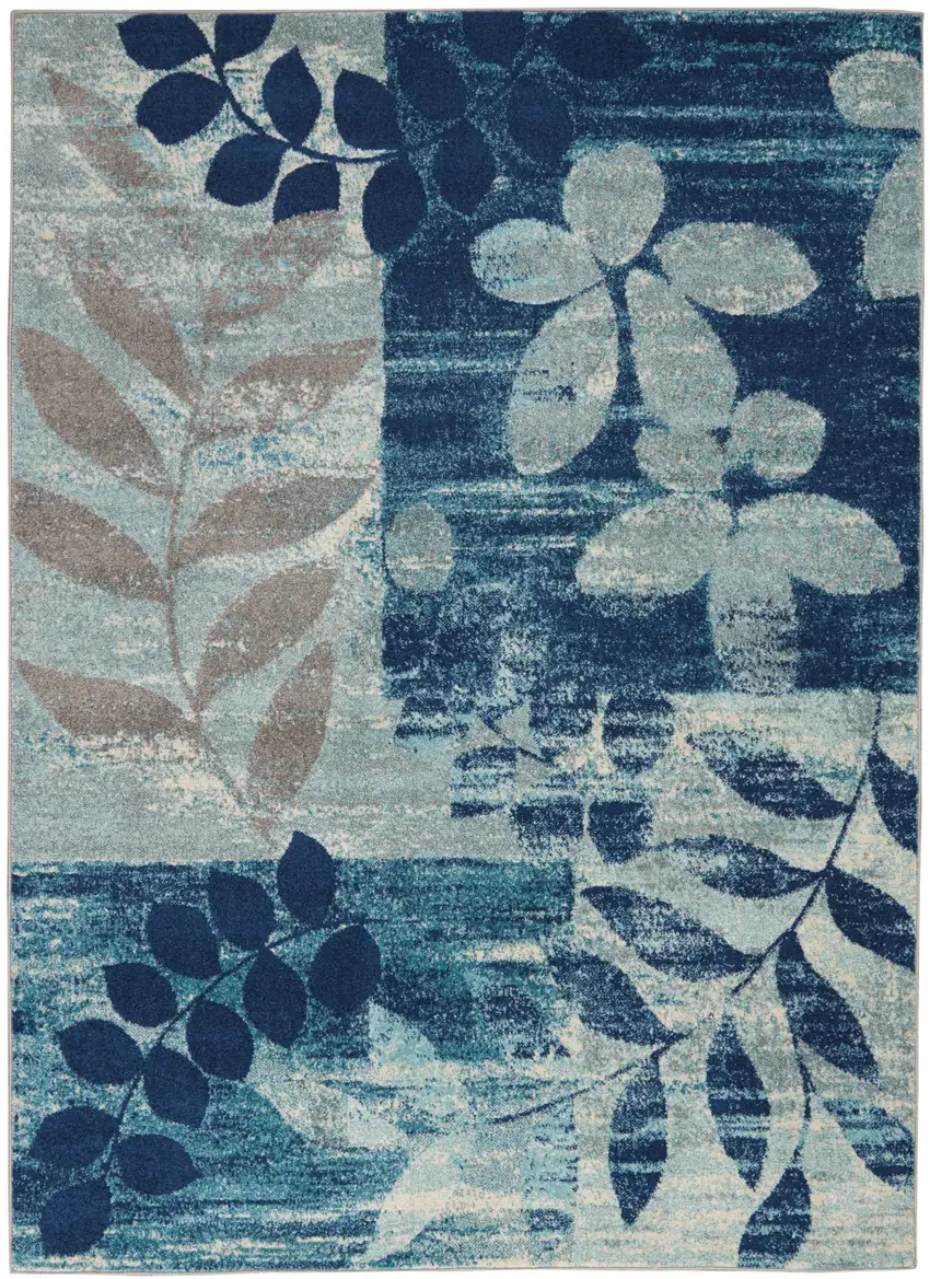 Navy Blue Light Blue and Gray Botanical Leaves Area Rug Photo 2