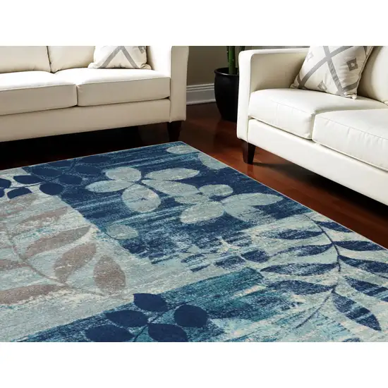 Navy Blue Light Blue and Gray Botanical Leaves Area Rug Photo 2