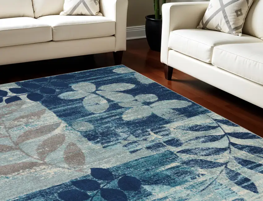 Navy Blue Light Blue and Gray Botanical Leaves Area Rug Photo 2