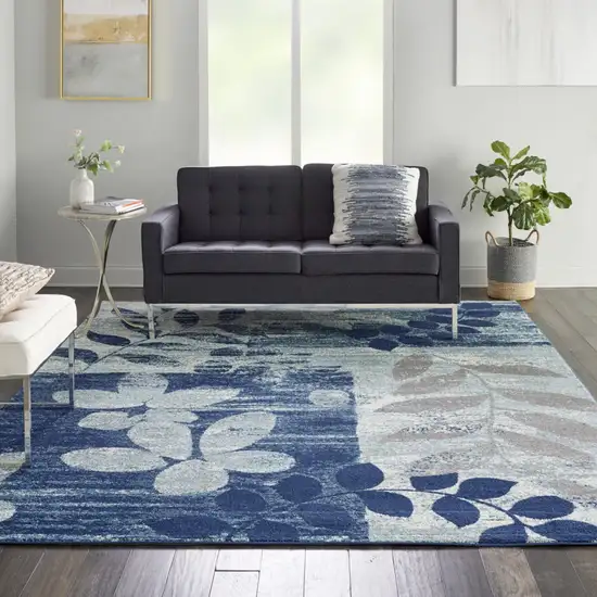 Navy Blue Light Blue and Gray Botanical Leaves Area Rug Photo 3
