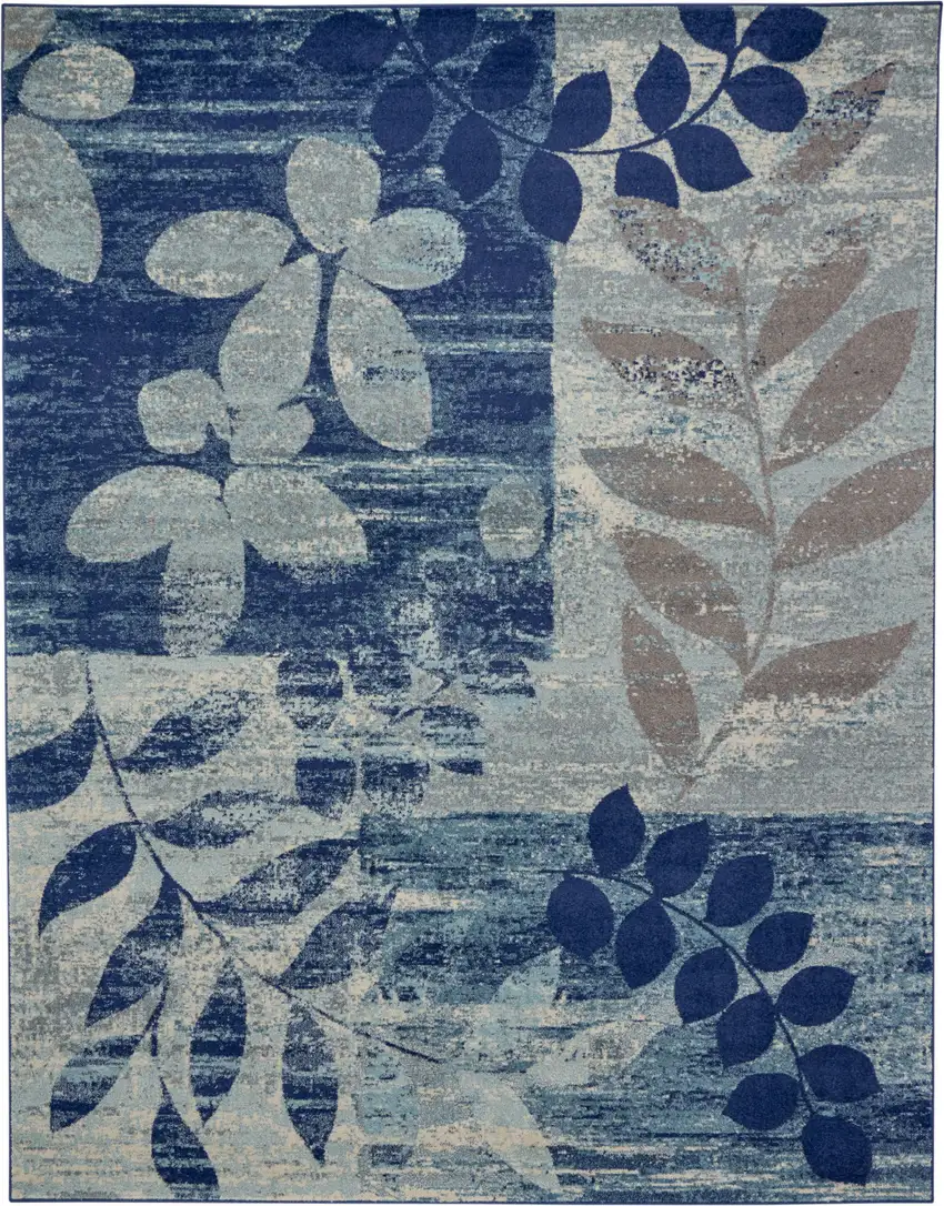 Navy Blue Light Blue and Gray Botanical Leaves Area Rug Photo 8