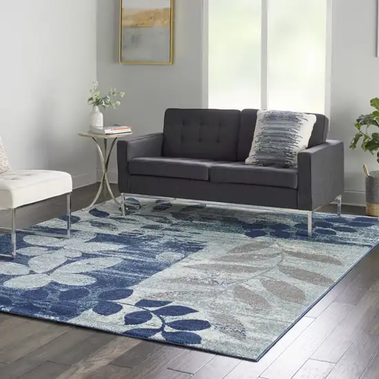 Navy Blue Light Blue and Gray Botanical Leaves Area Rug Photo 5