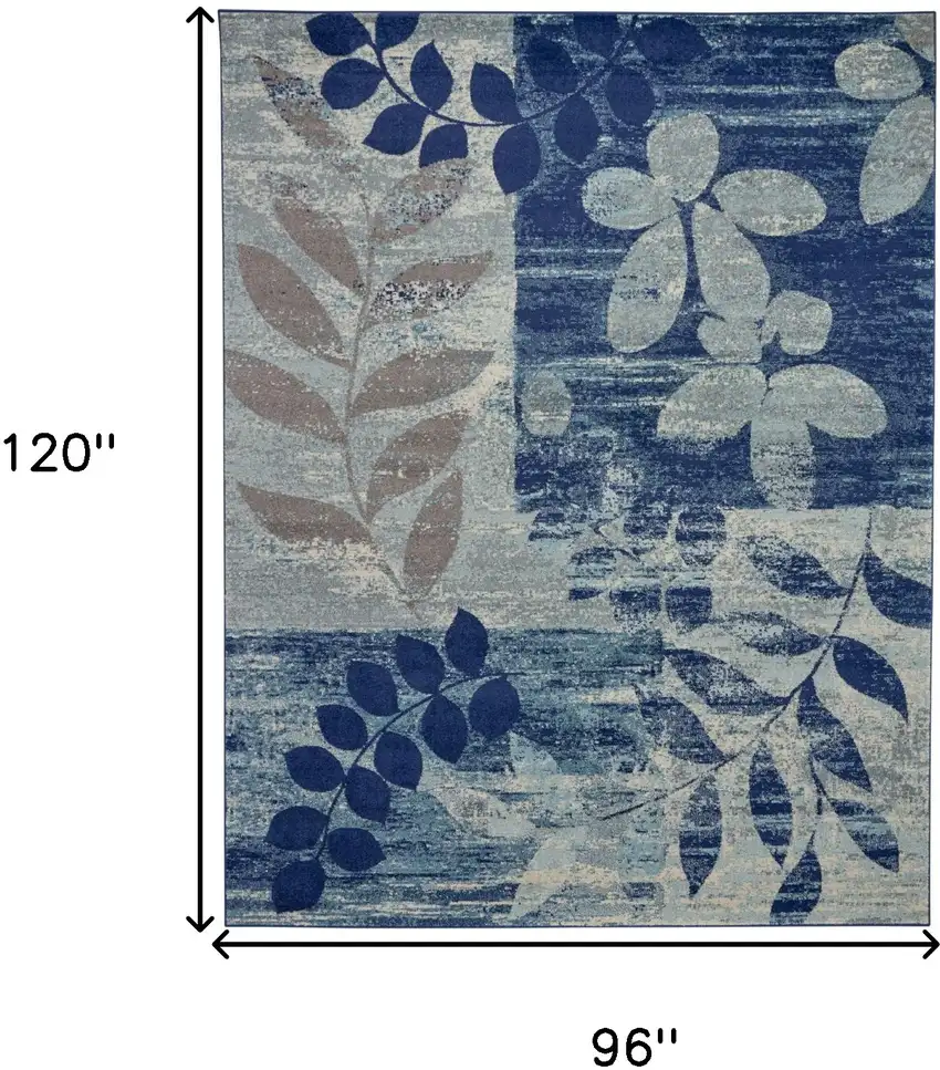 Navy Blue Light Blue and Gray Botanical Leaves Area Rug Photo 3