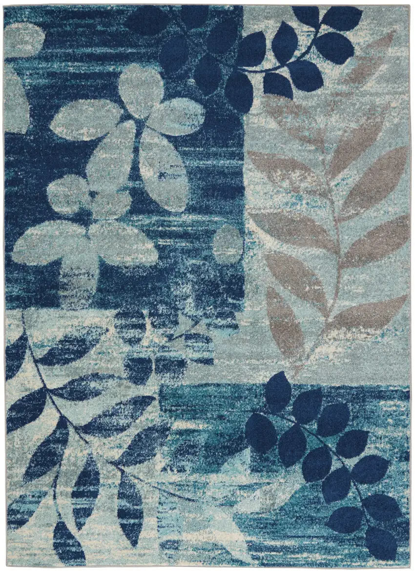 Navy Blue Light Blue and Gray Botanical Leaves Area Rug Photo 8