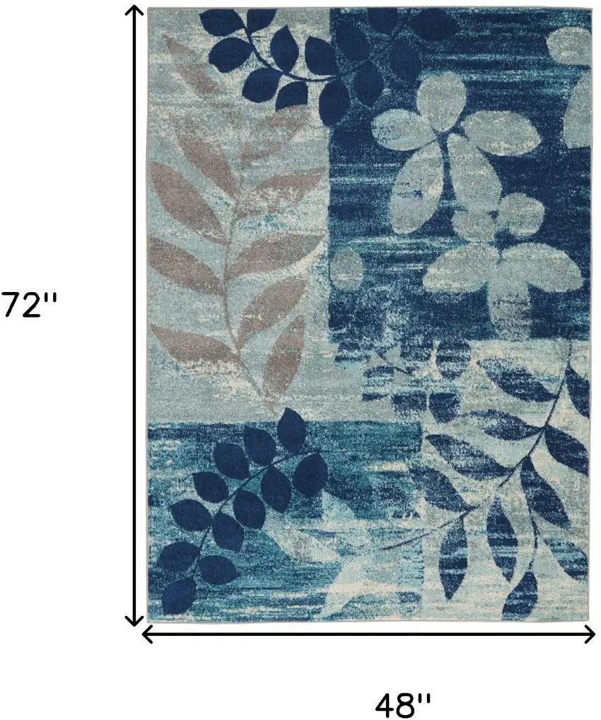 Navy Blue Light Blue and Gray Botanical Leaves Area Rug Photo 3