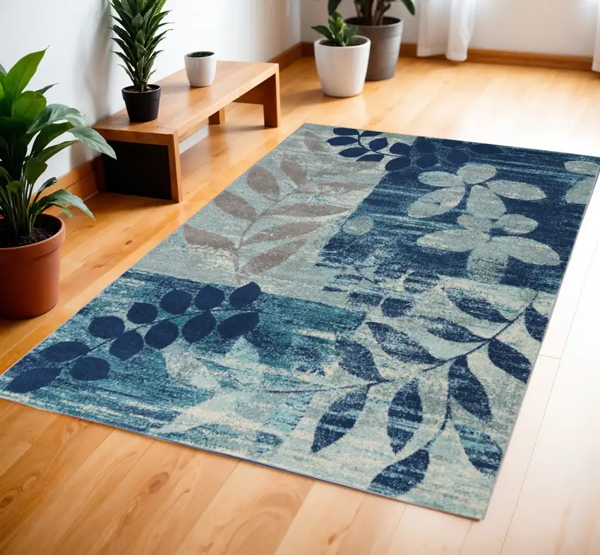 Navy Blue Light Blue and Gray Botanical Leaves Area Rug Photo 1