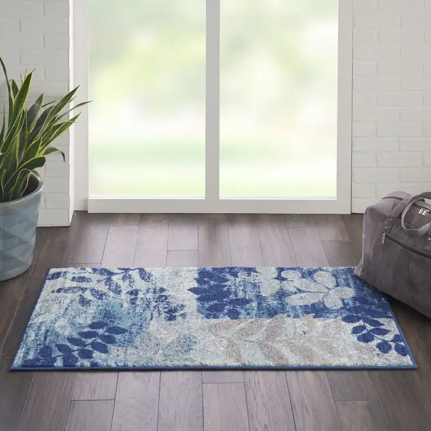 Navy Blue Light Blue and Gray Botanical Leaves Area Rug Photo 9