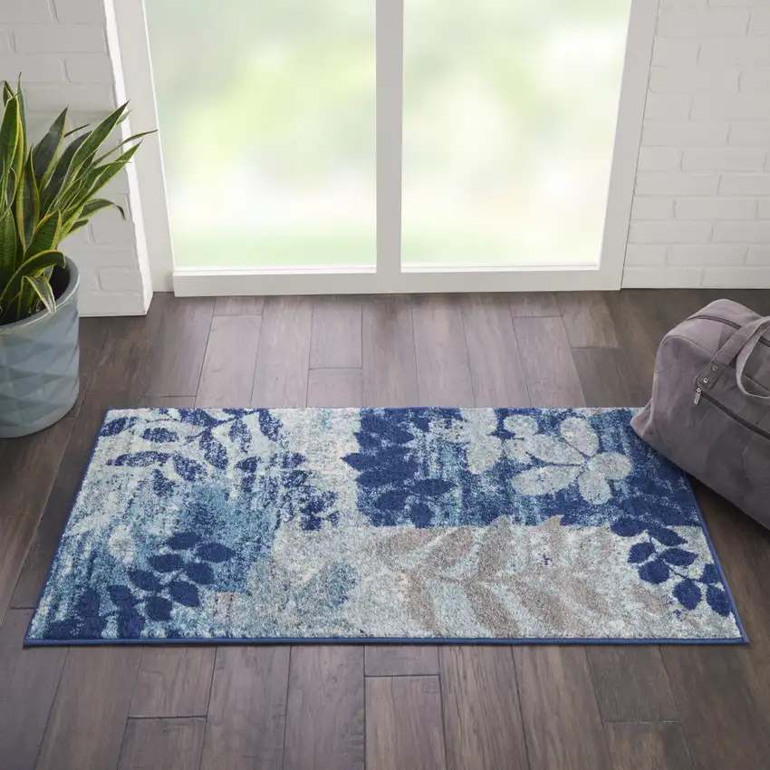 Navy Blue Light Blue and Gray Botanical Leaves Area Rug Photo 4