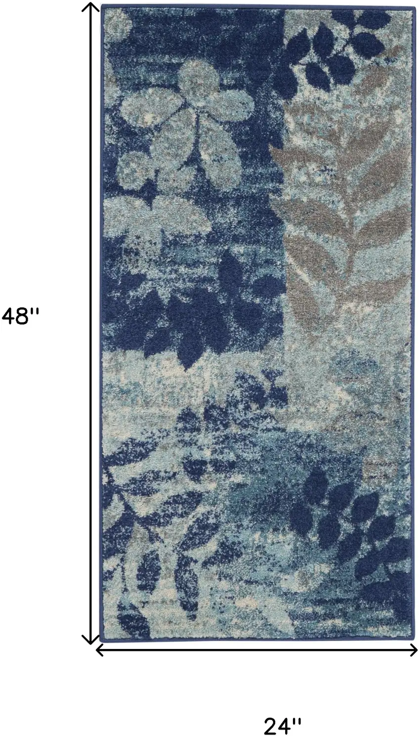 Navy Blue Light Blue and Gray Botanical Leaves Area Rug Photo 3
