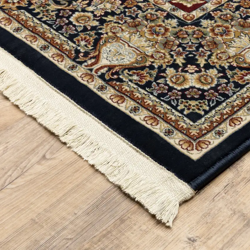 Navy Blue Light Brown And Ivory Medallion Area Rug With Fringe Photo 9