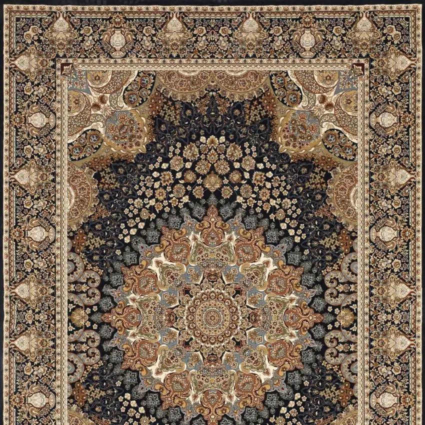Navy Blue Light Brown And Ivory Medallion Area Rug With Fringe Photo 9
