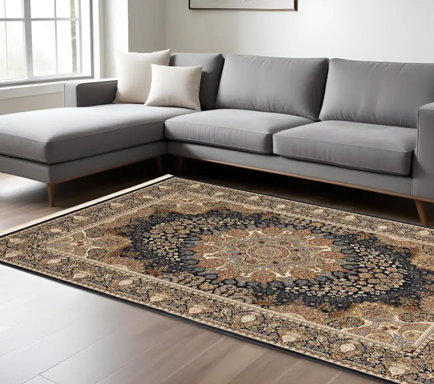 Navy Blue Light Brown And Ivory Medallion Area Rug With Fringe Photo 1