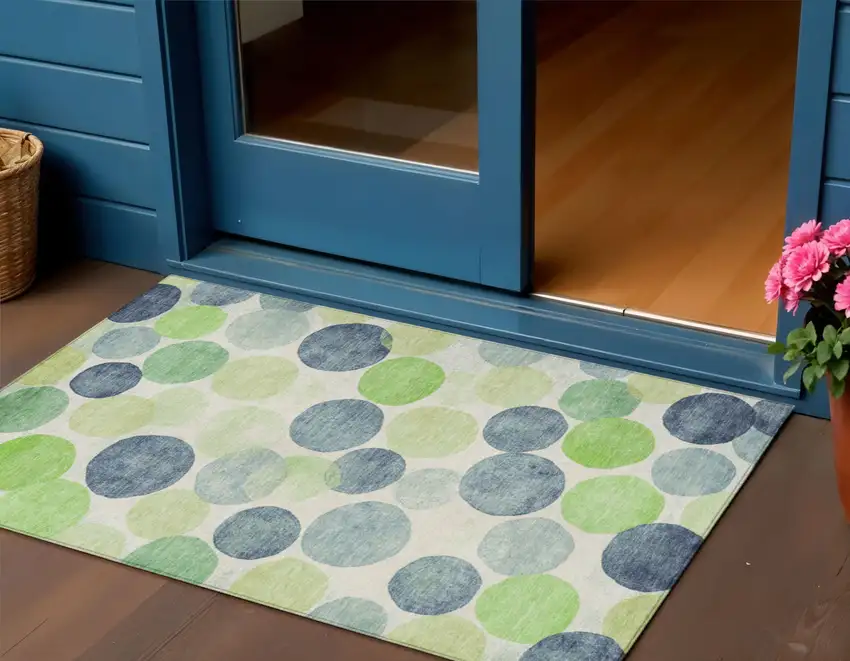 Navy Blue Lime Green And Ivory Geometric Washable Indoor Outdoor Area Rug Photo 2