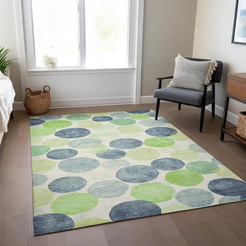 Navy Blue Lime Green And Ivory Geometric Washable Indoor Outdoor Area Rug Photo 6