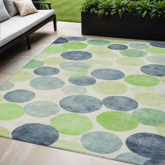 Navy Blue Lime Green And Ivory Geometric Washable Indoor Outdoor Area Rug Photo 2