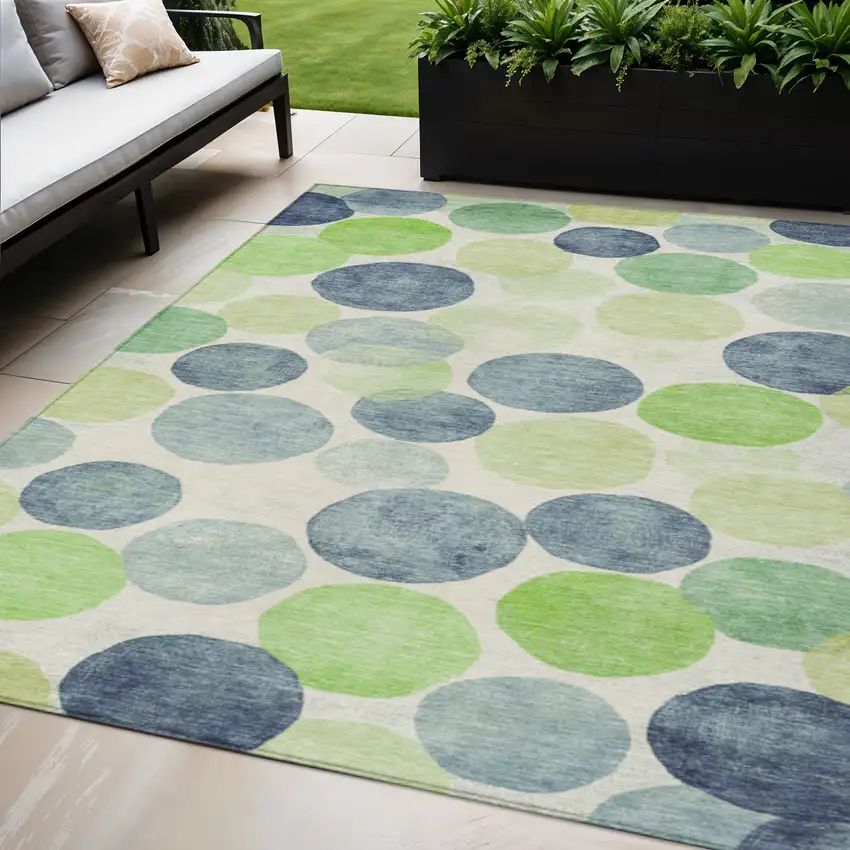 Navy Blue Lime Green And Ivory Geometric Washable Indoor Outdoor Area Rug Photo 2