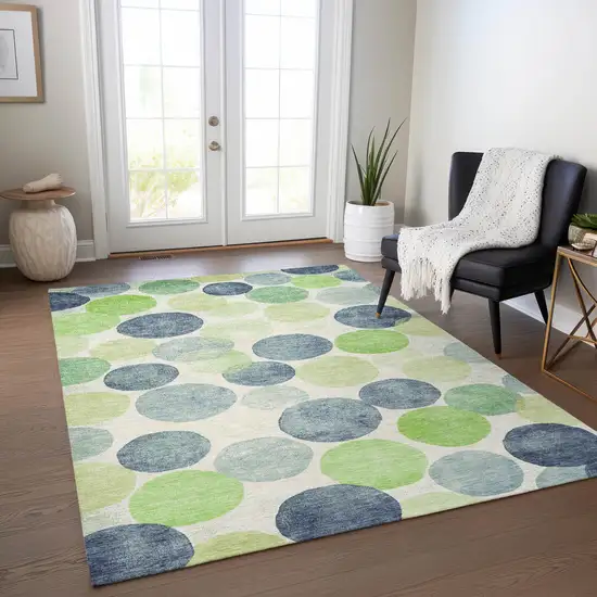 Navy Blue Lime Green And Ivory Geometric Washable Indoor Outdoor Area Rug Photo 5