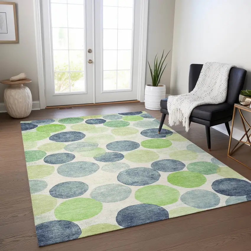 Navy Blue Lime Green And Ivory Geometric Washable Indoor Outdoor Area Rug Photo 5