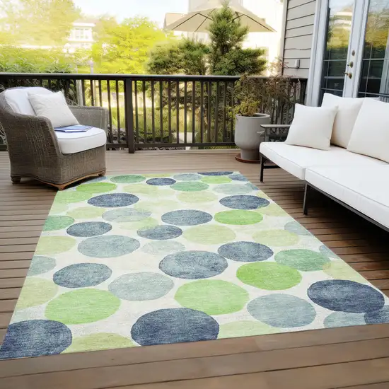 Navy Blue Lime Green And Ivory Geometric Washable Indoor Outdoor Area Rug Photo 8