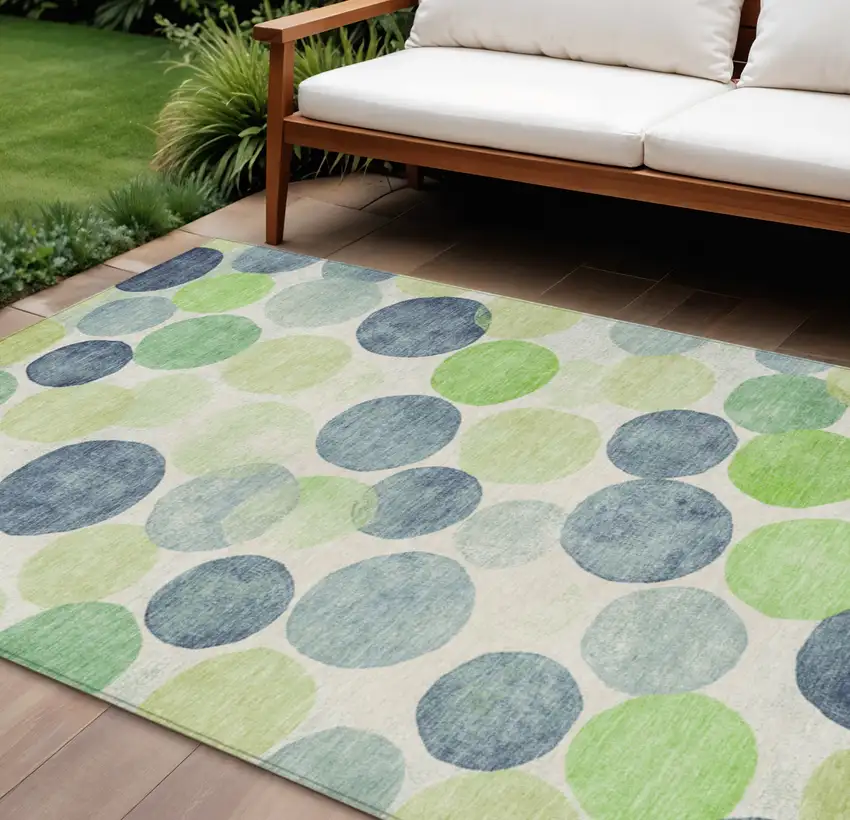 Navy Blue Lime Green And Ivory Geometric Washable Indoor Outdoor Area Rug Photo 2