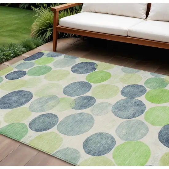 Navy Blue Lime Green And Ivory Geometric Washable Indoor Outdoor Area Rug Photo 2