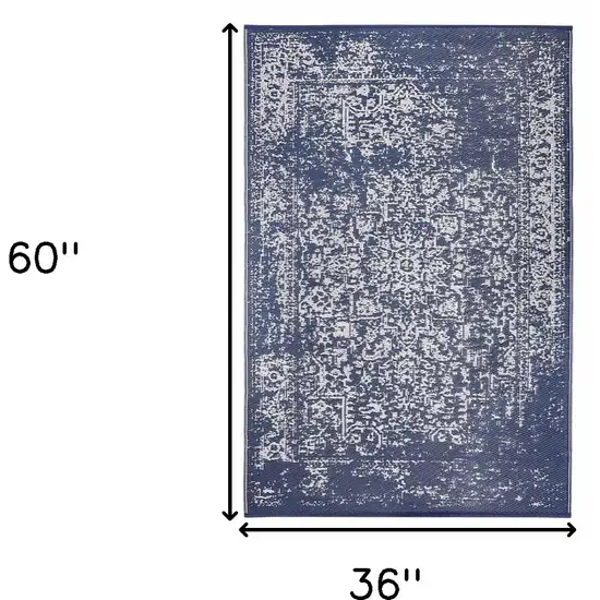 Navy Blue Machine Braided Distressed Area Rug With UV Protection Photo 3