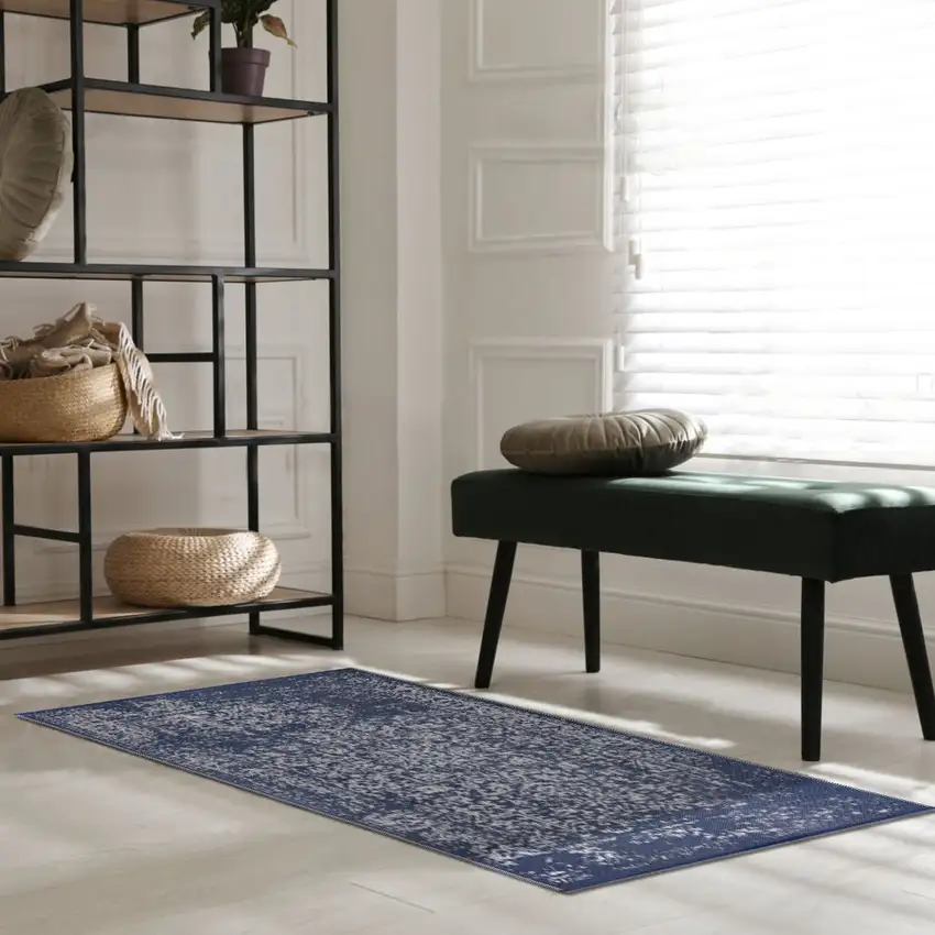 Navy Blue Machine Braided Distressed Area Rug With UV Protection Photo 6