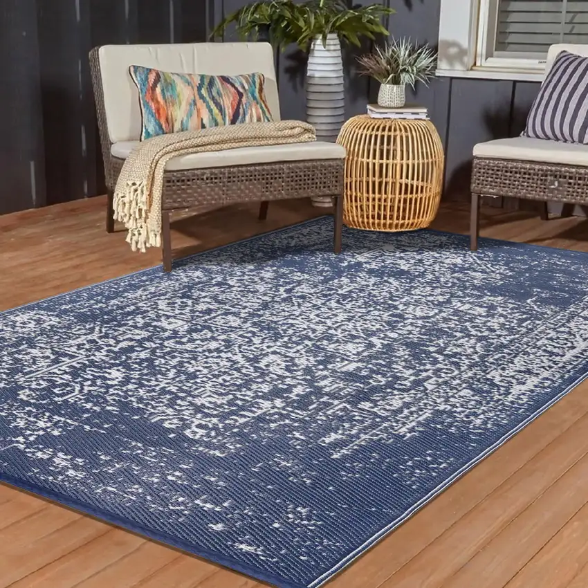 Navy Blue Machine Braided Distressed Area Rug With UV Protection Photo 6