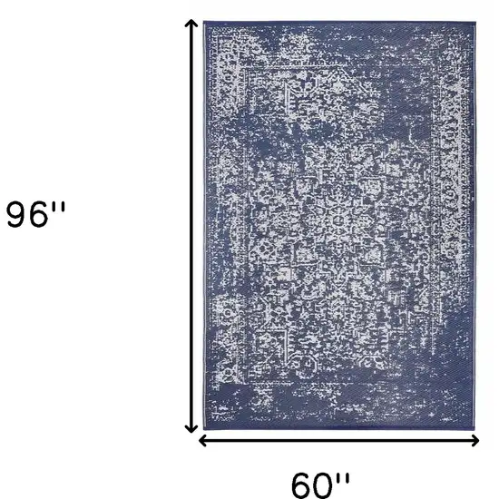 Navy Blue Machine Braided Distressed Area Rug With UV Protection Photo 3