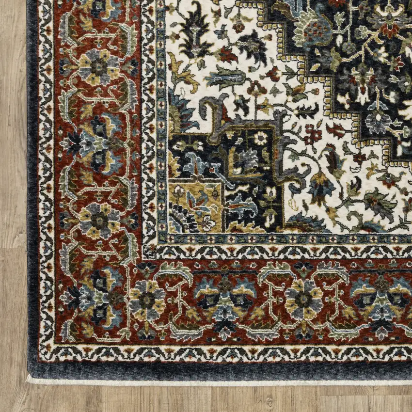 Navy Blue Medallion Area Rug With Fringe Photo 5