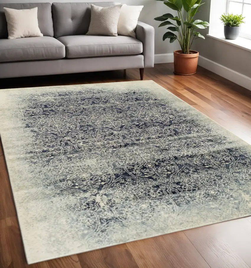 Navy Blue And Ivory Medallion Area Rug Photo 1